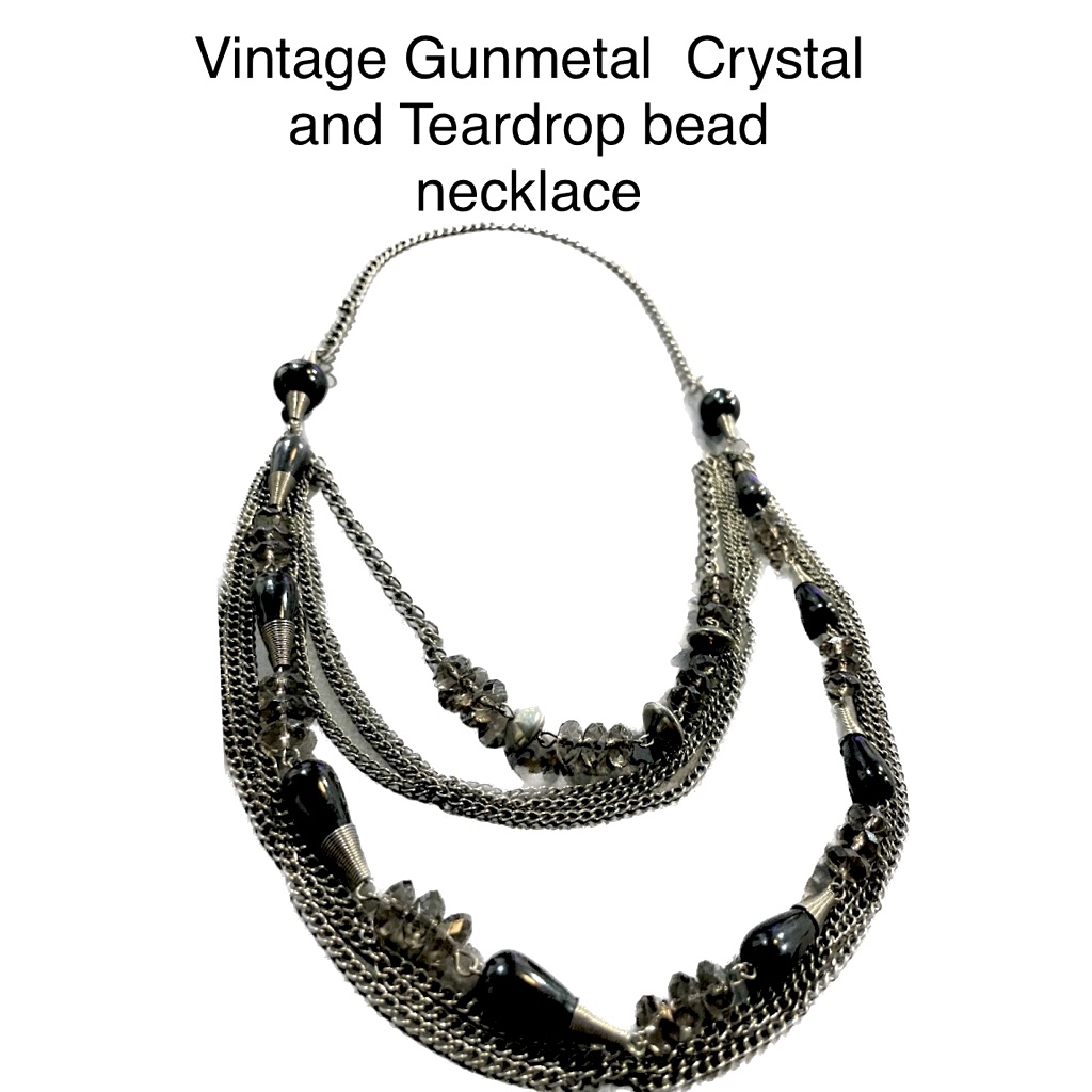 Unique Vintage Necklace Gunmetal Multi Layered Chain, Teardrop & Crystal Beads